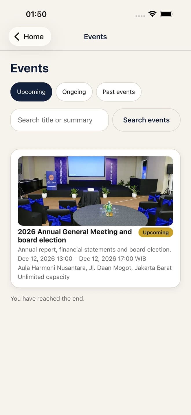 Events list in the app