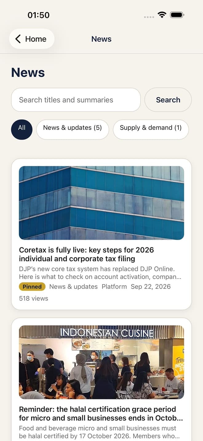 News list in the app