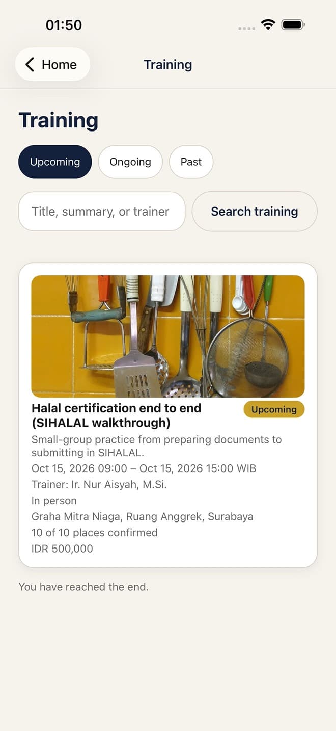 Training list in the app