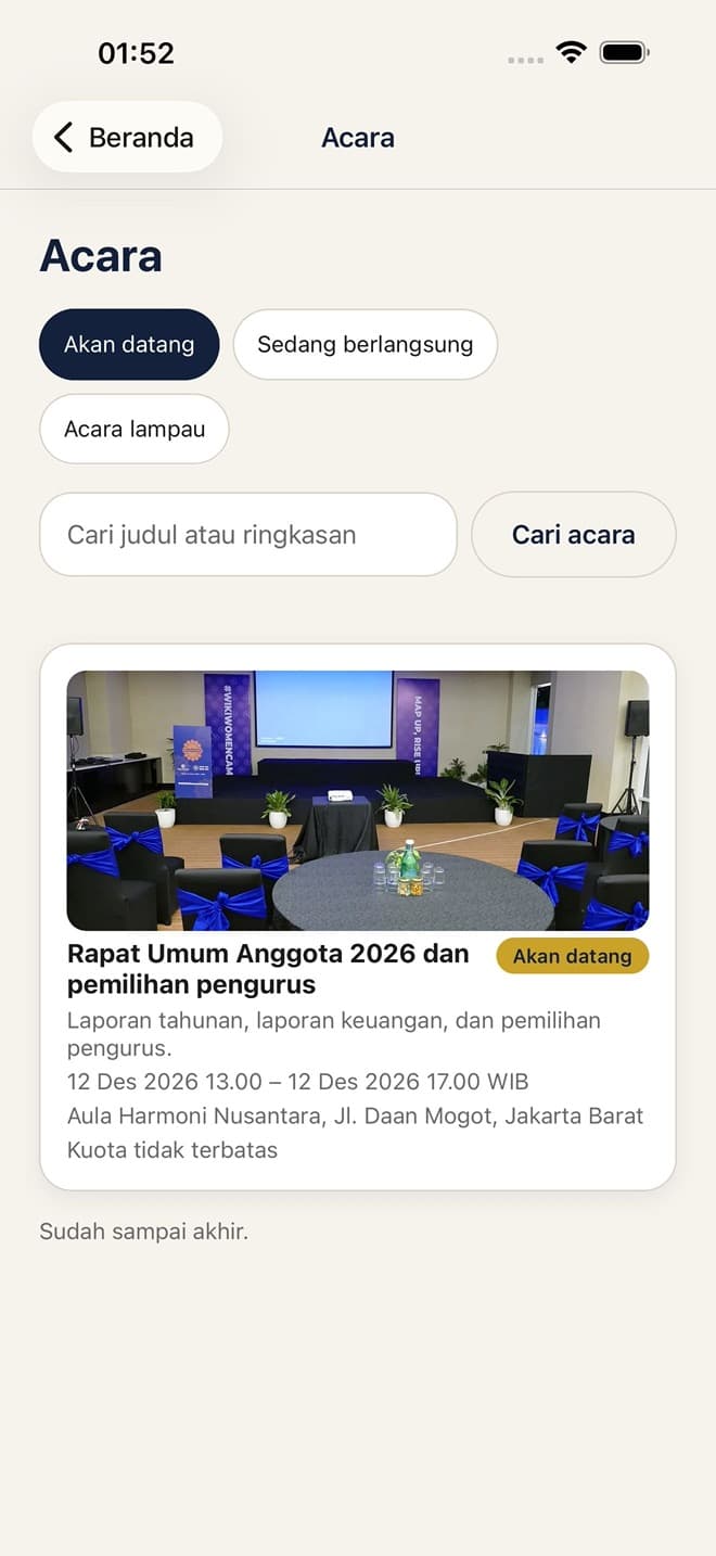 Daftar acara di aplikasi