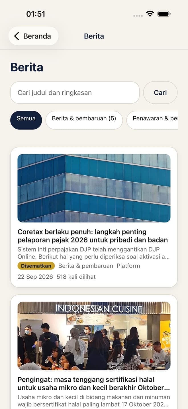 Daftar berita di aplikasi