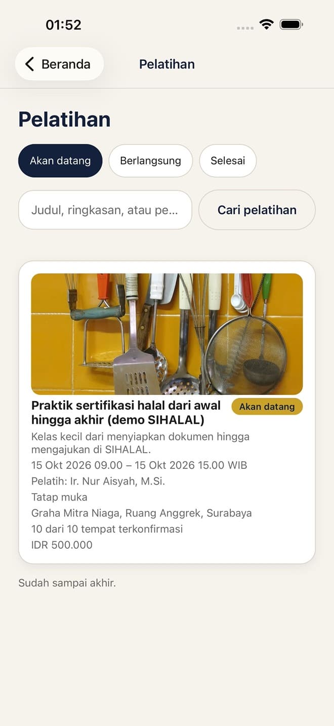 Daftar pelatihan di aplikasi